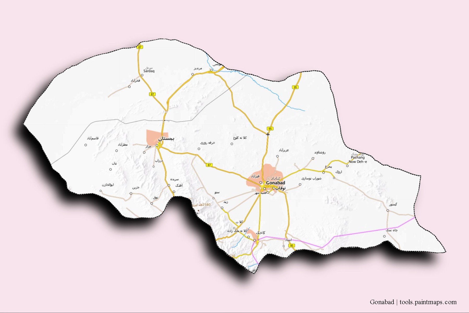 Mapa de barrios y pueblos de Gonabad con efecto de sombra 3D