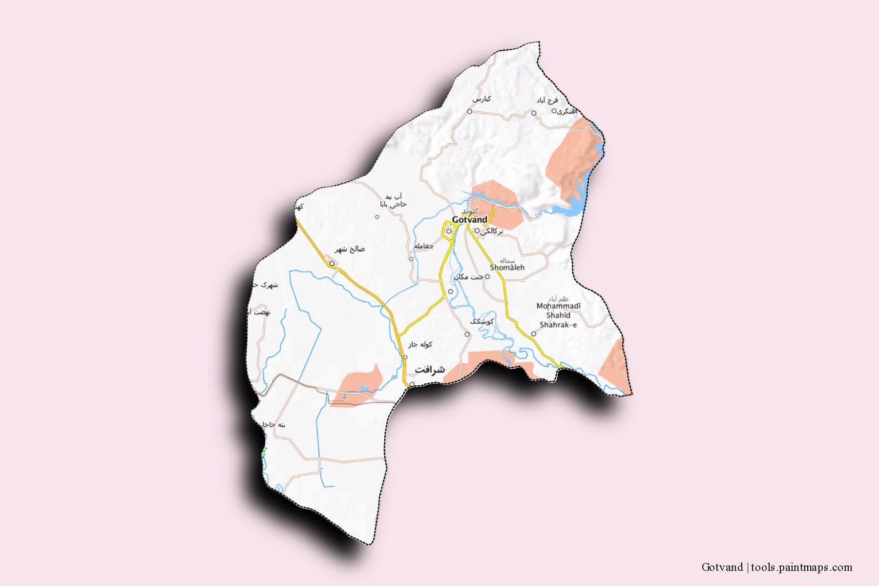 Gotvand neighborhoods and villages map with 3D shadow effect