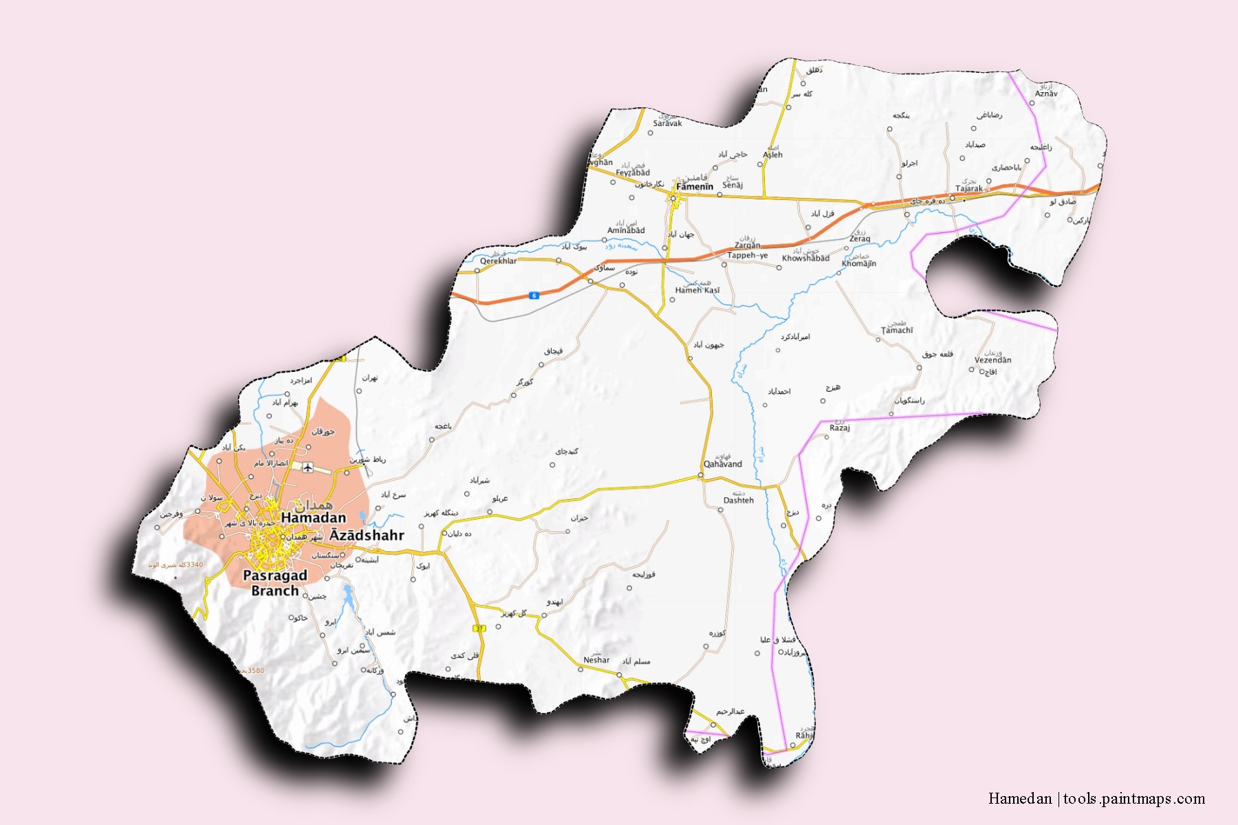 Hamadan neighborhoods and villages map with 3D shadow effect