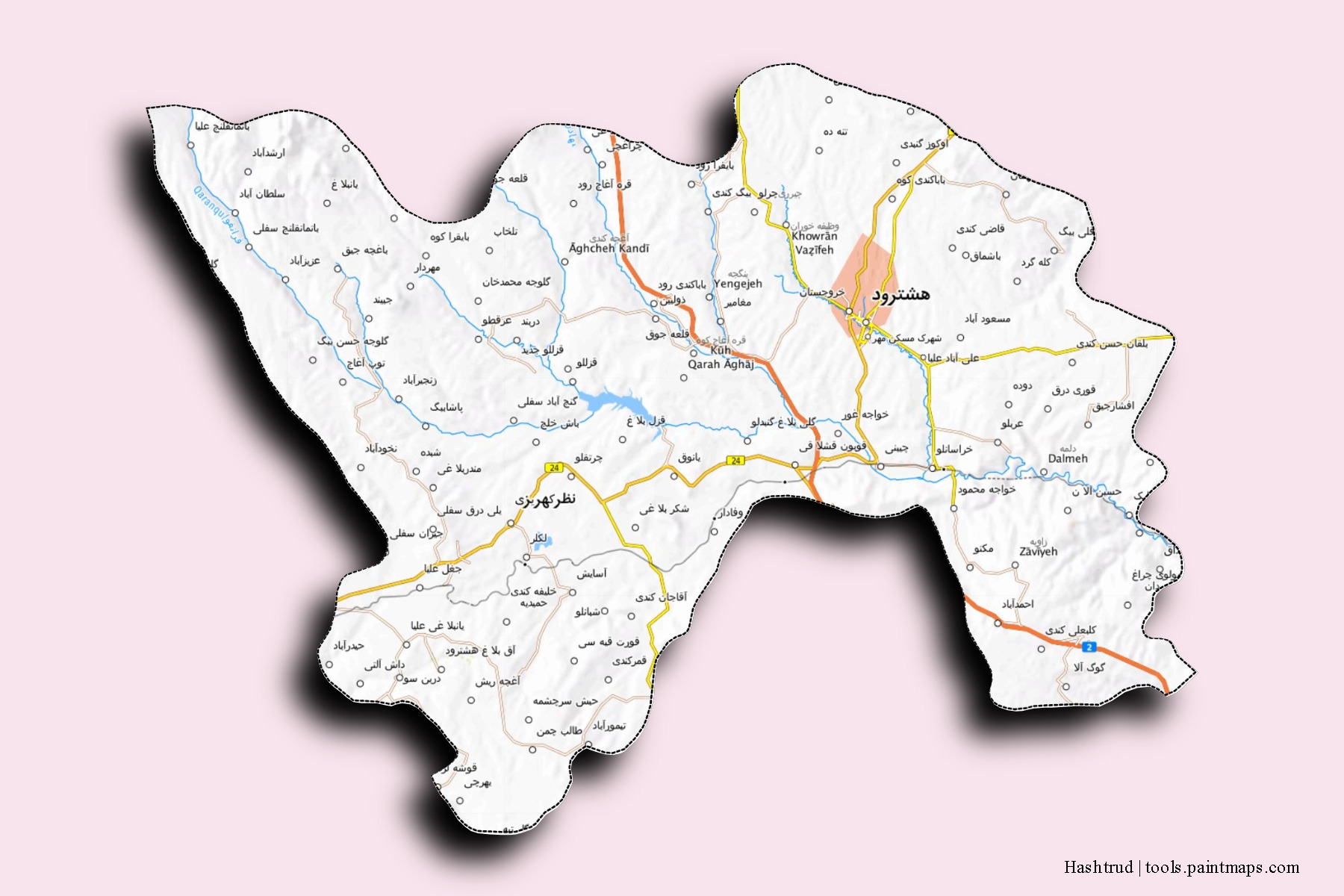 Mapa de barrios y pueblos de Hashtrud con efecto de sombra 3D