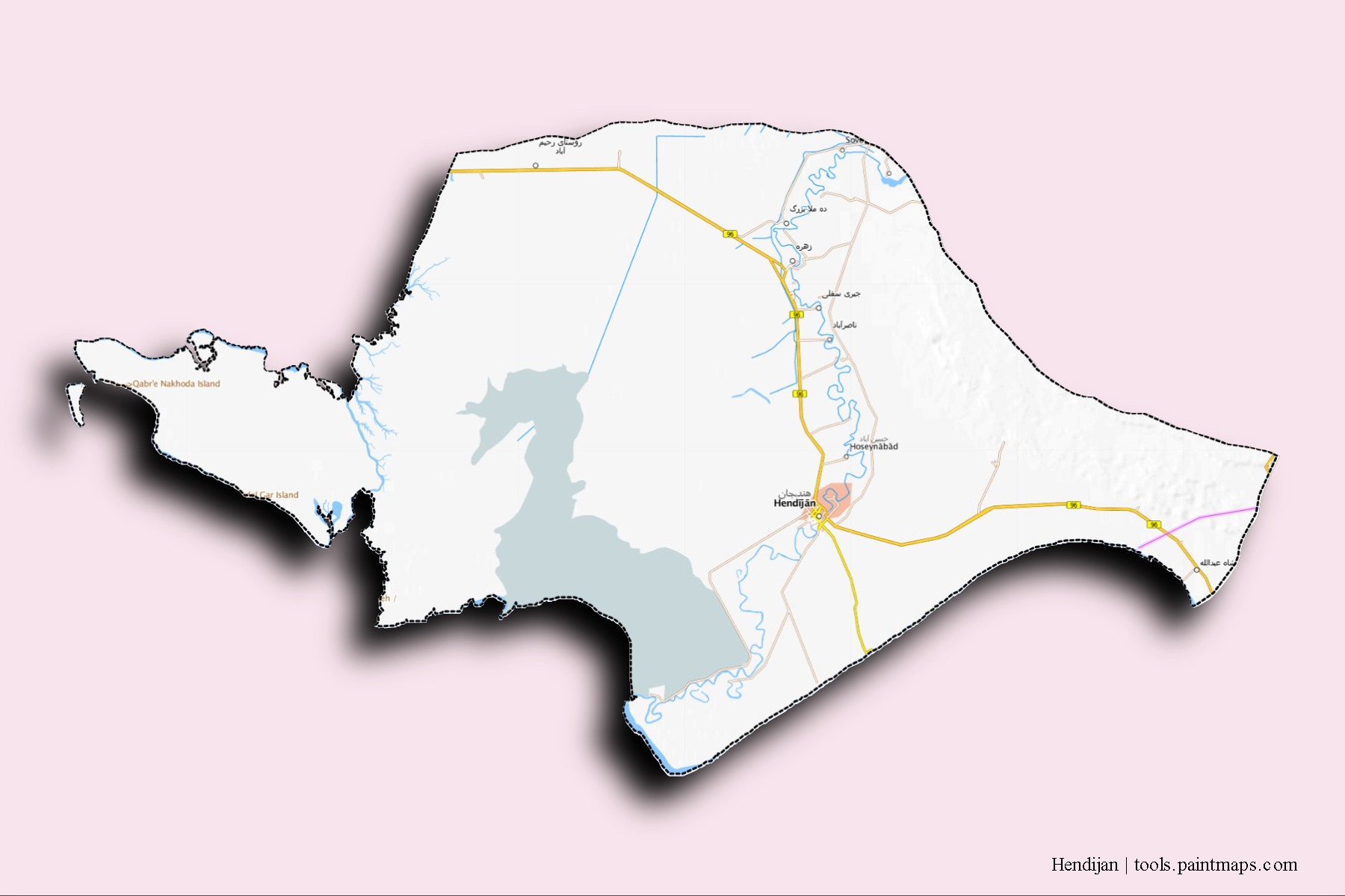 Handegan neighborhoods and villages map with 3D shadow effect