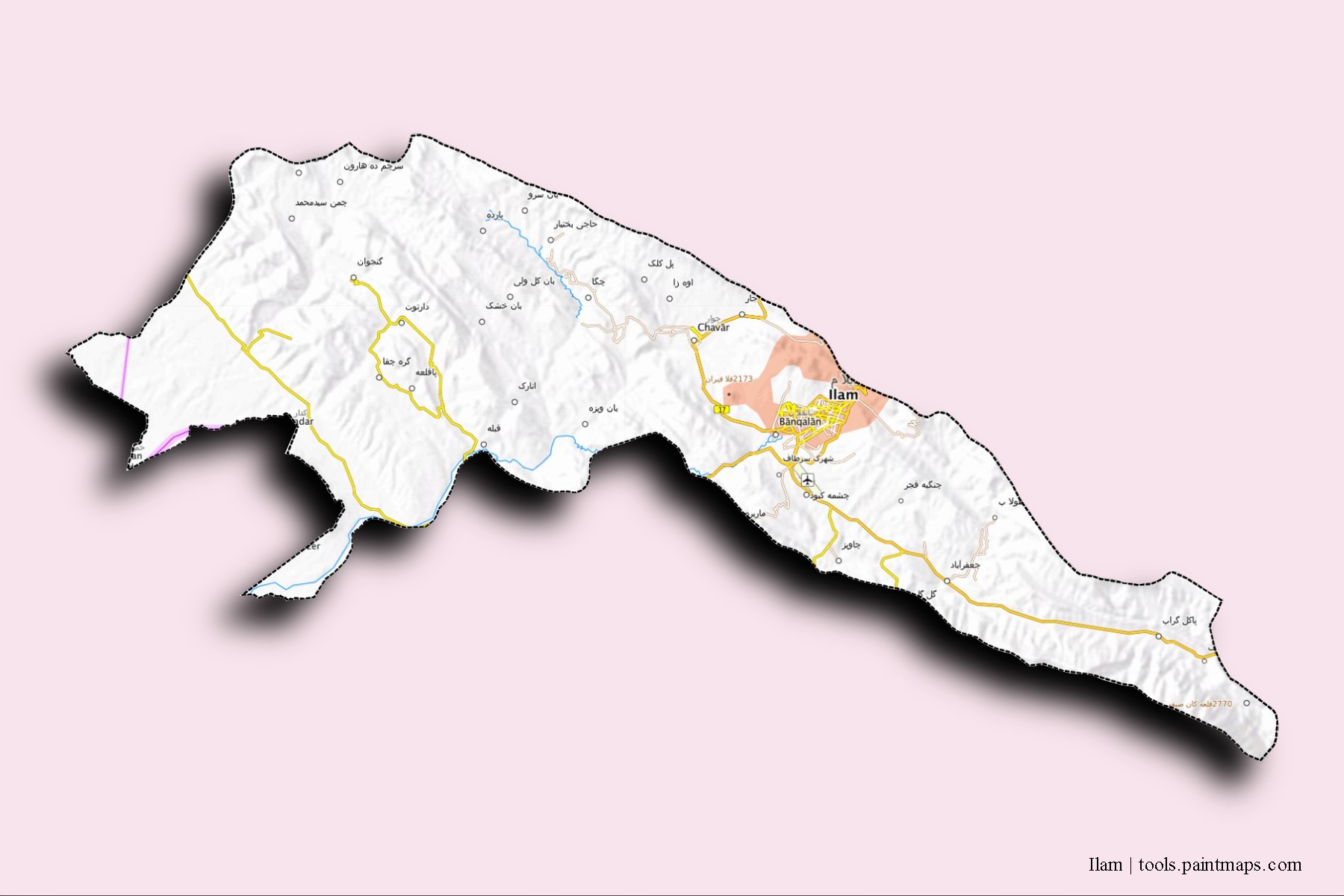 Ilam neighborhoods and villages map with 3D shadow effect