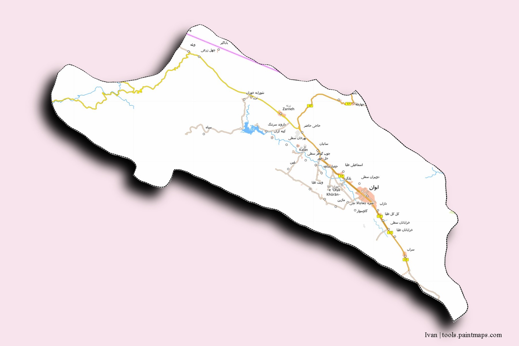 Eyvan neighborhoods and villages map with 3D shadow effect