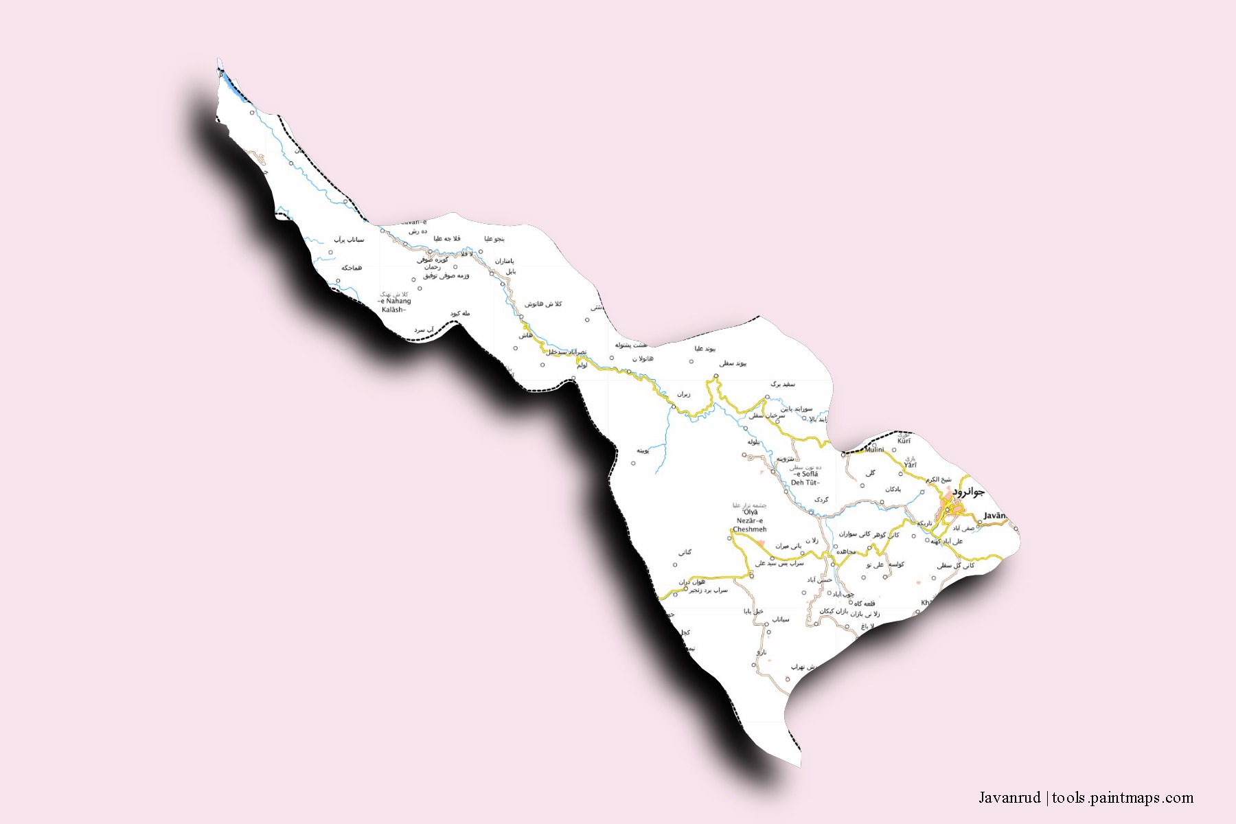 Mapa de barrios y pueblos de Javanrud con efecto de sombra 3D