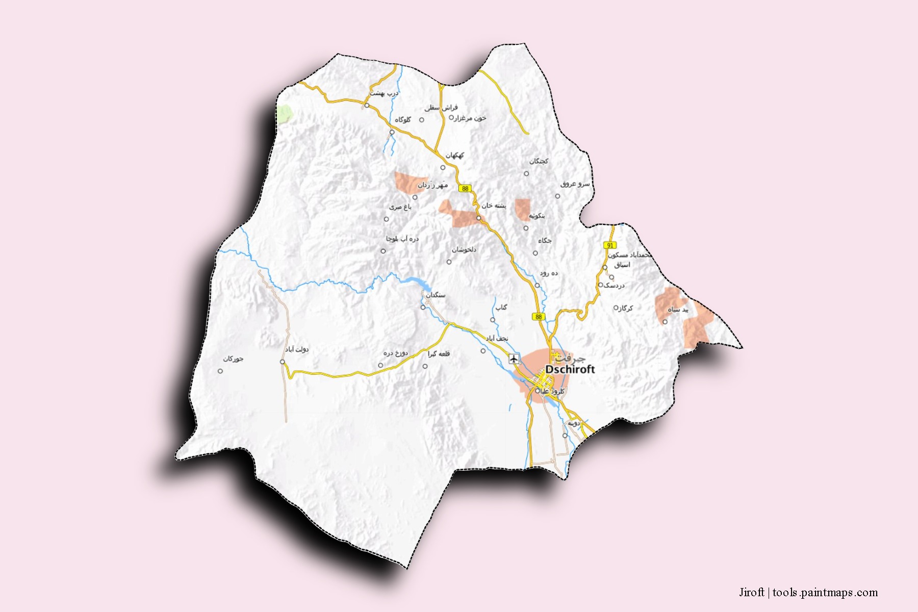 Mapa de barrios y pueblos de Jiroft con efecto de sombra 3D