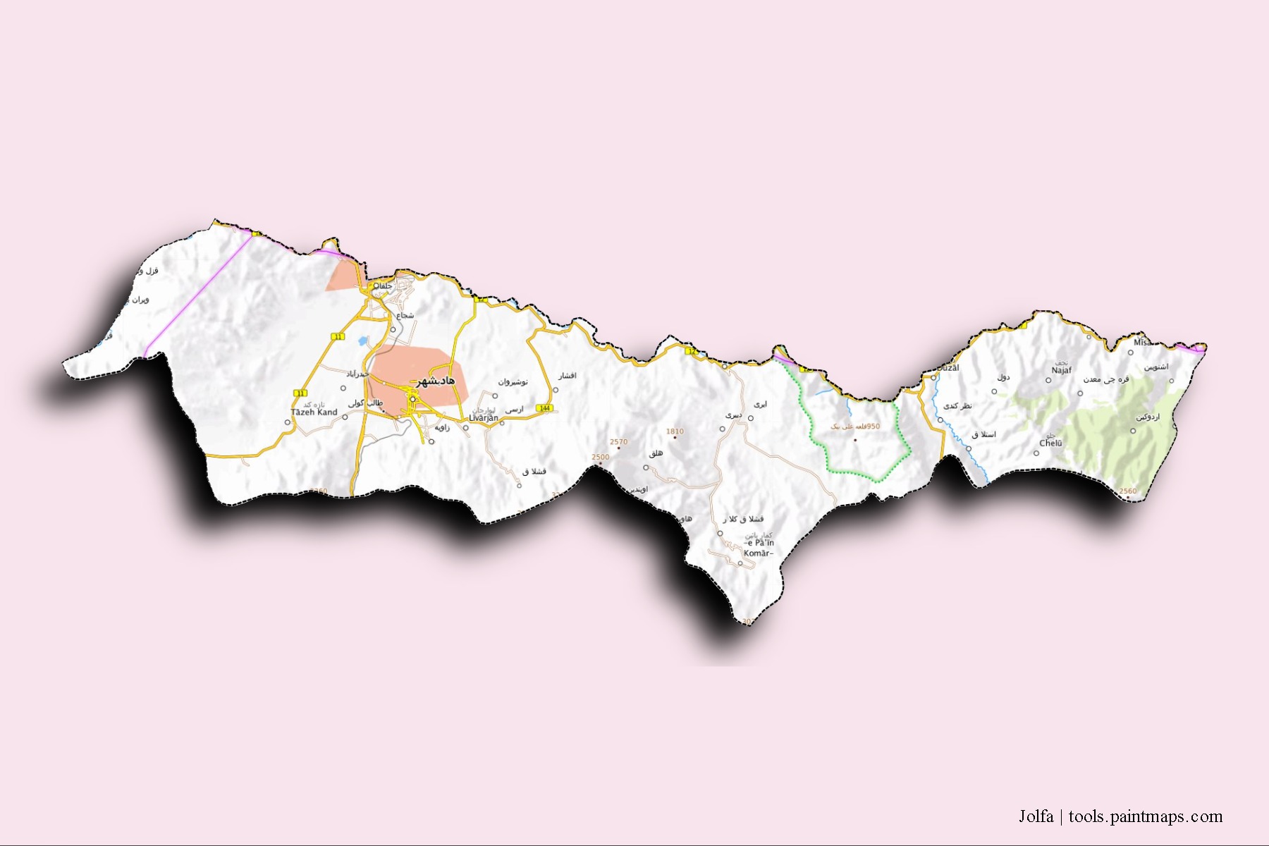 3D gölge efektli Jolfa mahalleleri ve köyleri haritası