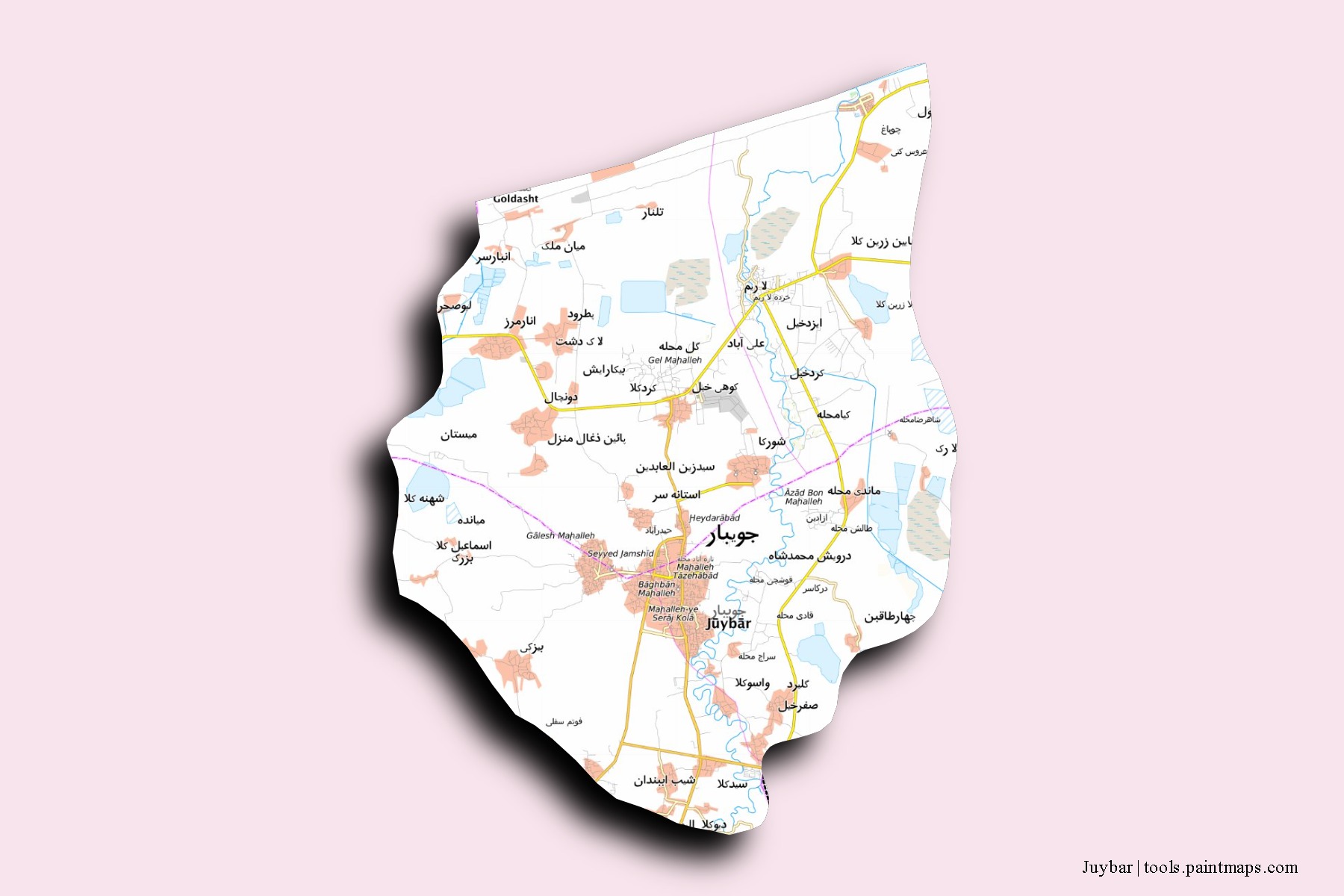 Juybar neighborhoods and villages map with 3D shadow effect