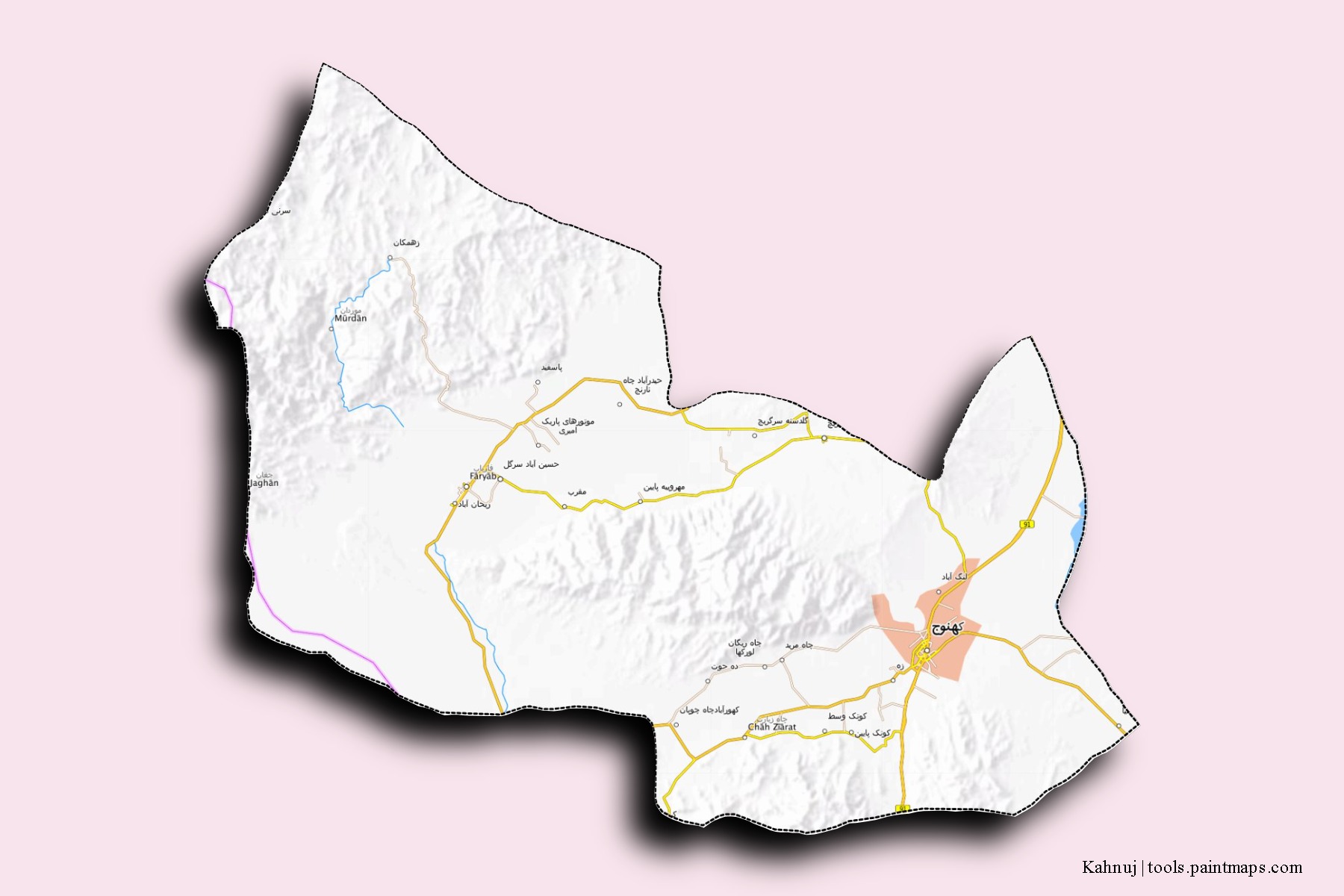 Mapa de barrios y pueblos de Kahnuj con efecto de sombra 3D