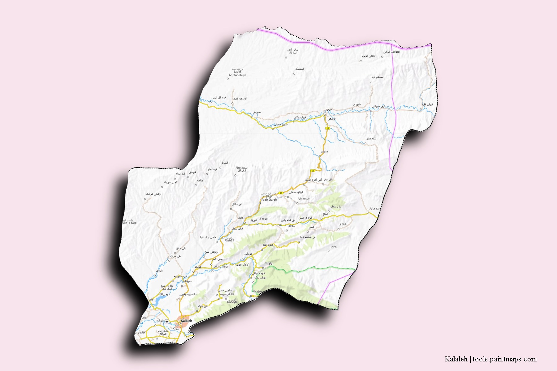 Mapa de barrios y pueblos de Kalaleh con efecto de sombra 3D