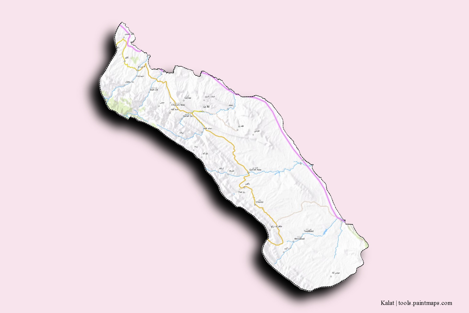 Mapa de barrios y pueblos de Kalat con efecto de sombra 3D