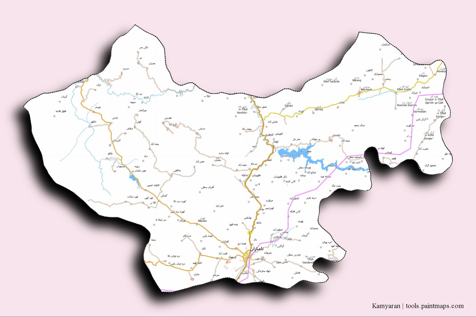 Kamyaran neighborhoods and villages map with 3D shadow effect