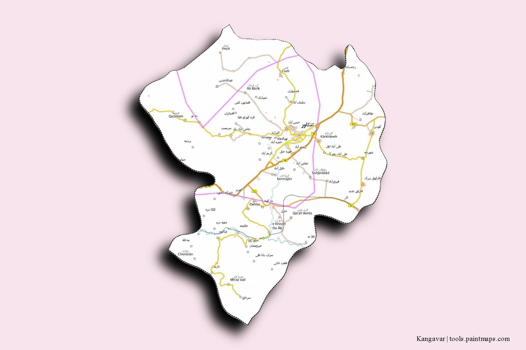 Mapa de barrios y pueblos de Kangavar con efecto de sombra 3D