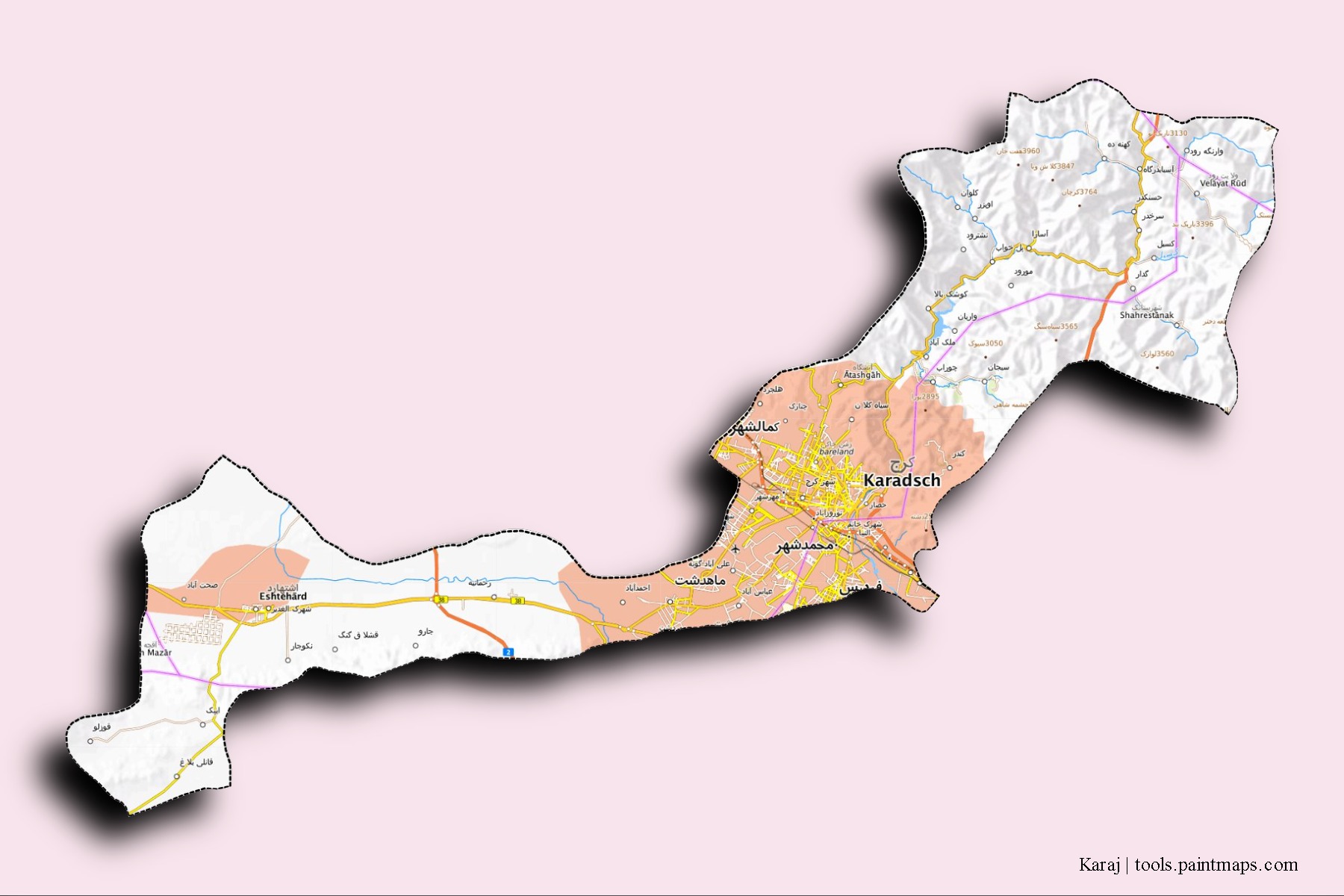 Mapa de barrios y pueblos de Karaj con efecto de sombra 3D