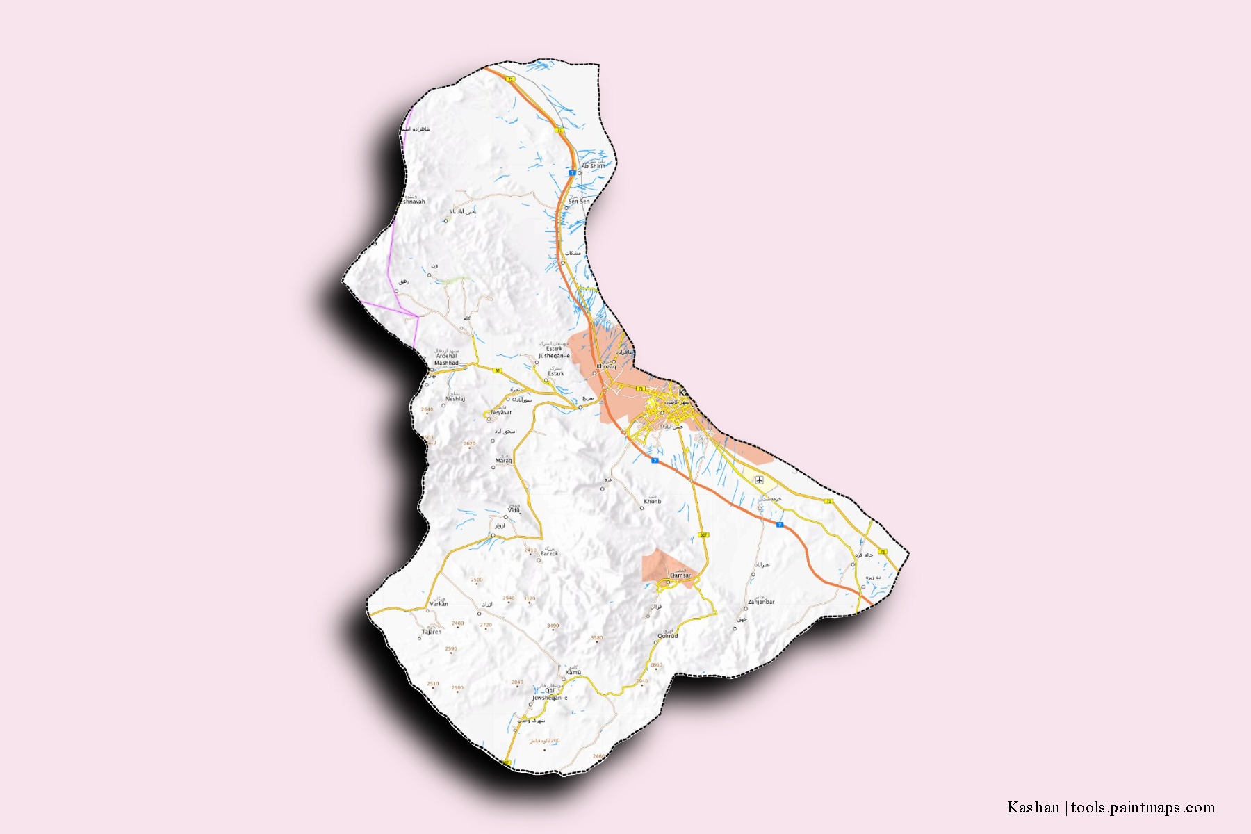 3D gölge efektli Kaşan mahalleleri ve köyleri haritası
