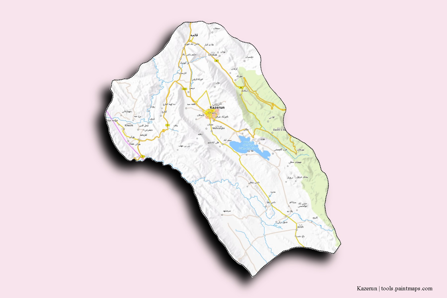 Mapa de barrios y pueblos de Kazerun con efecto de sombra 3D