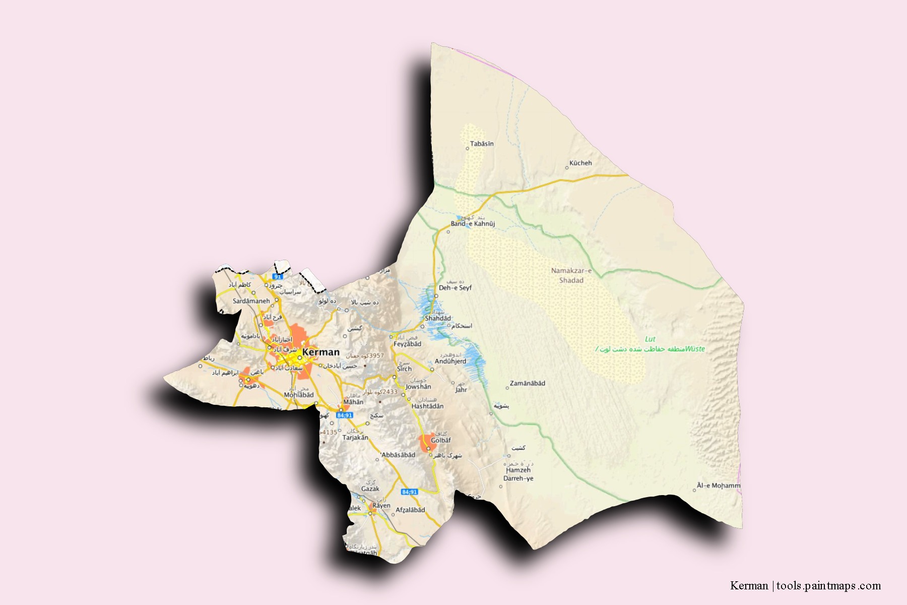 3D gölge efektli Kirman şehristanı mahalleleri ve köyleri haritası