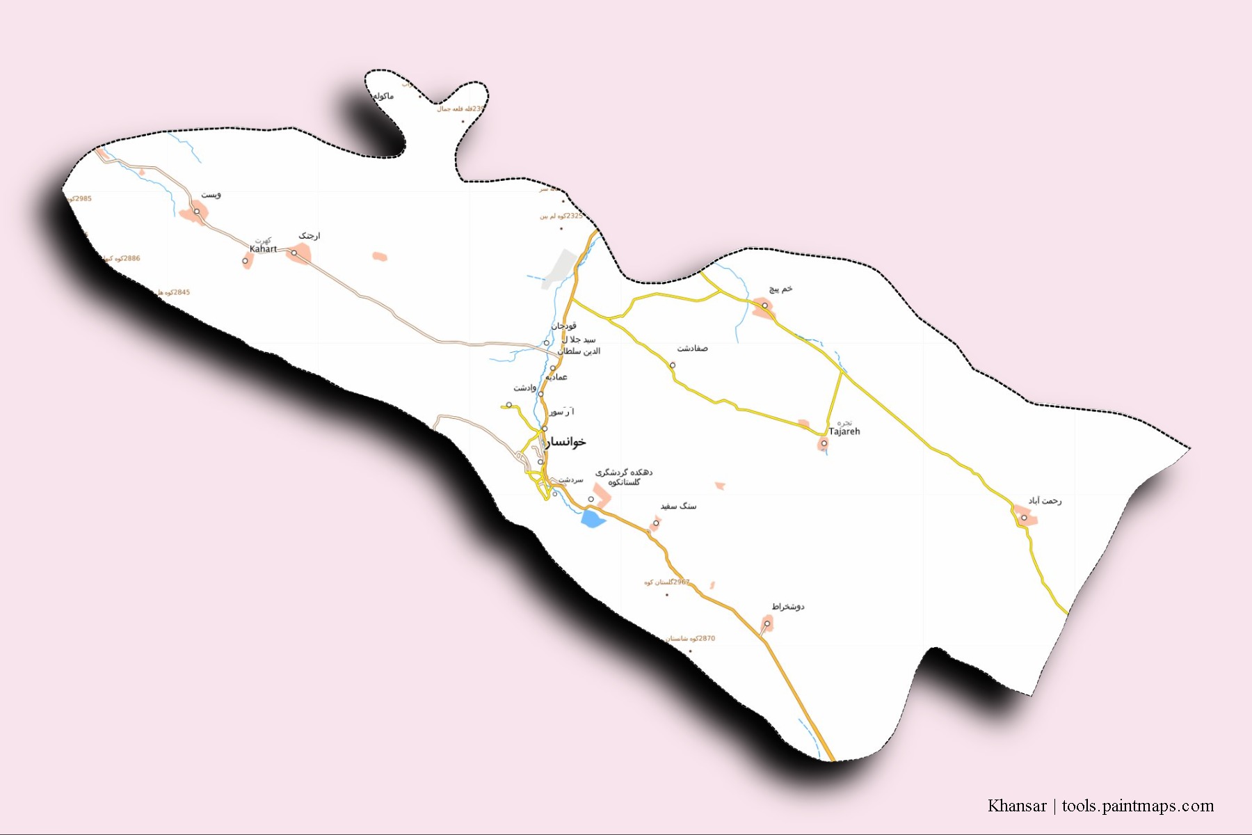 Mapa de barrios y pueblos de Khansar con efecto de sombra 3D