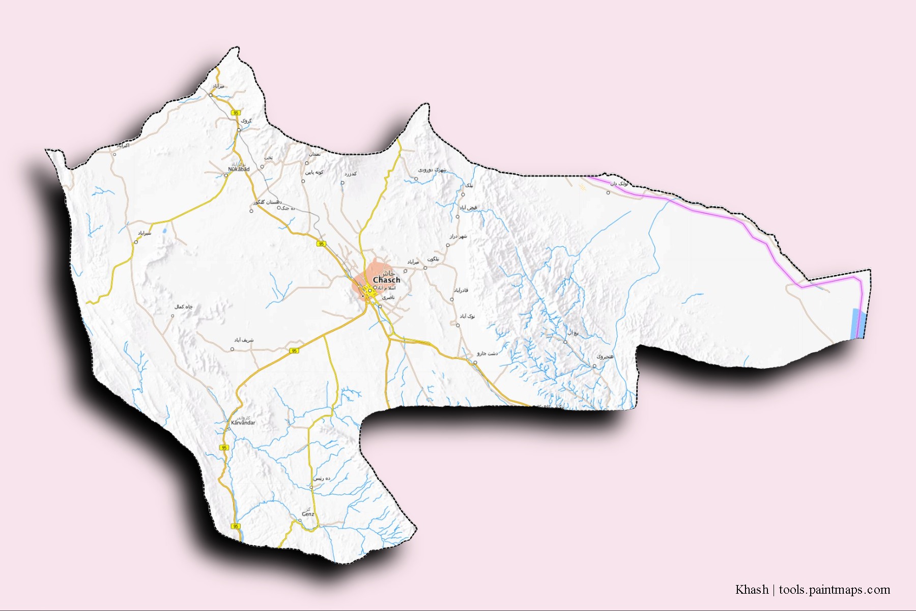 Mapa de barrios y pueblos de Khash con efecto de sombra 3D