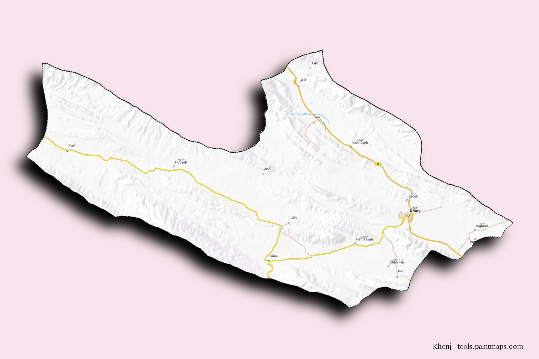 Khonj neighborhoods and villages map with 3D shadow effect