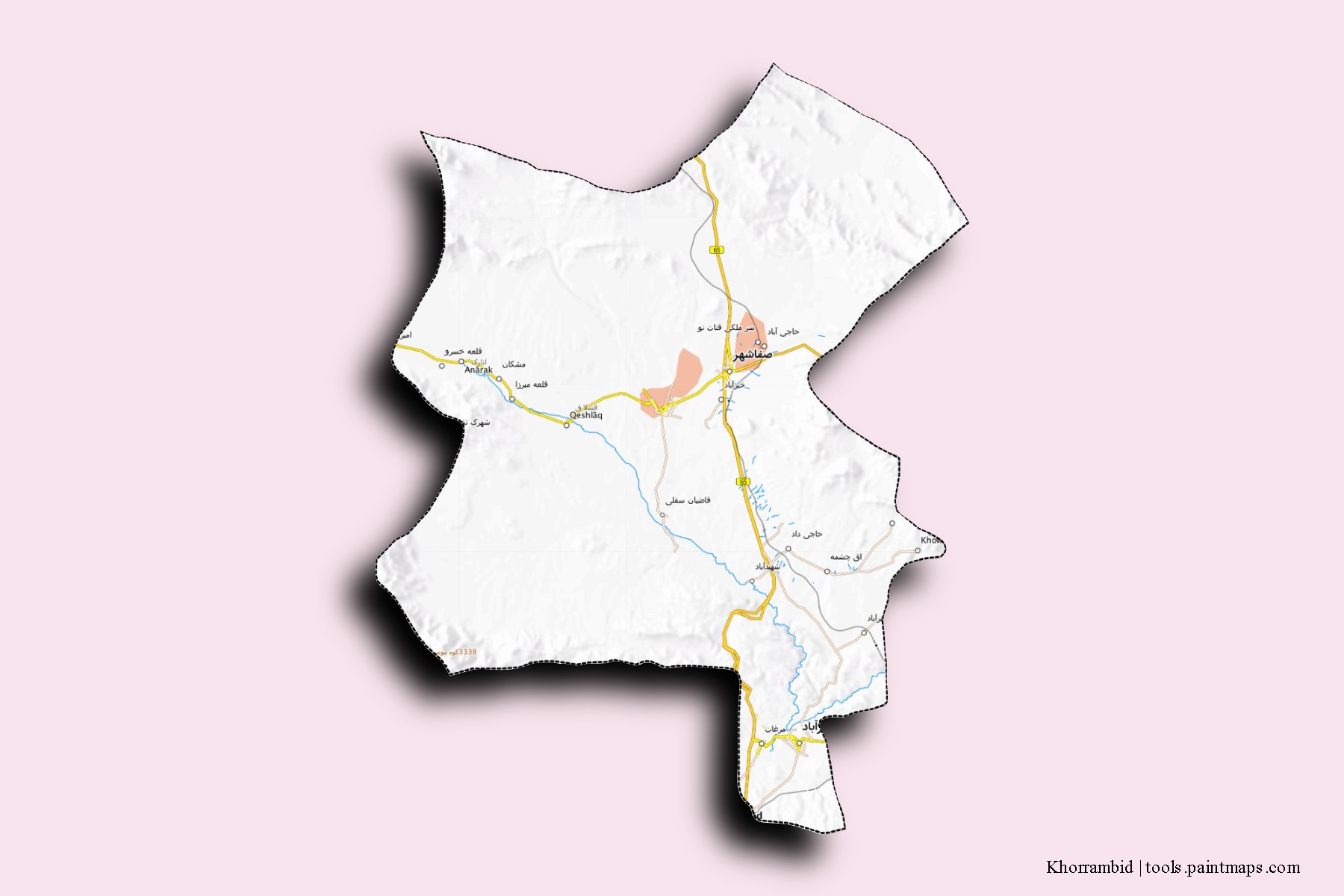 Mapa de barrios y pueblos de Khorrambid con efecto de sombra 3D