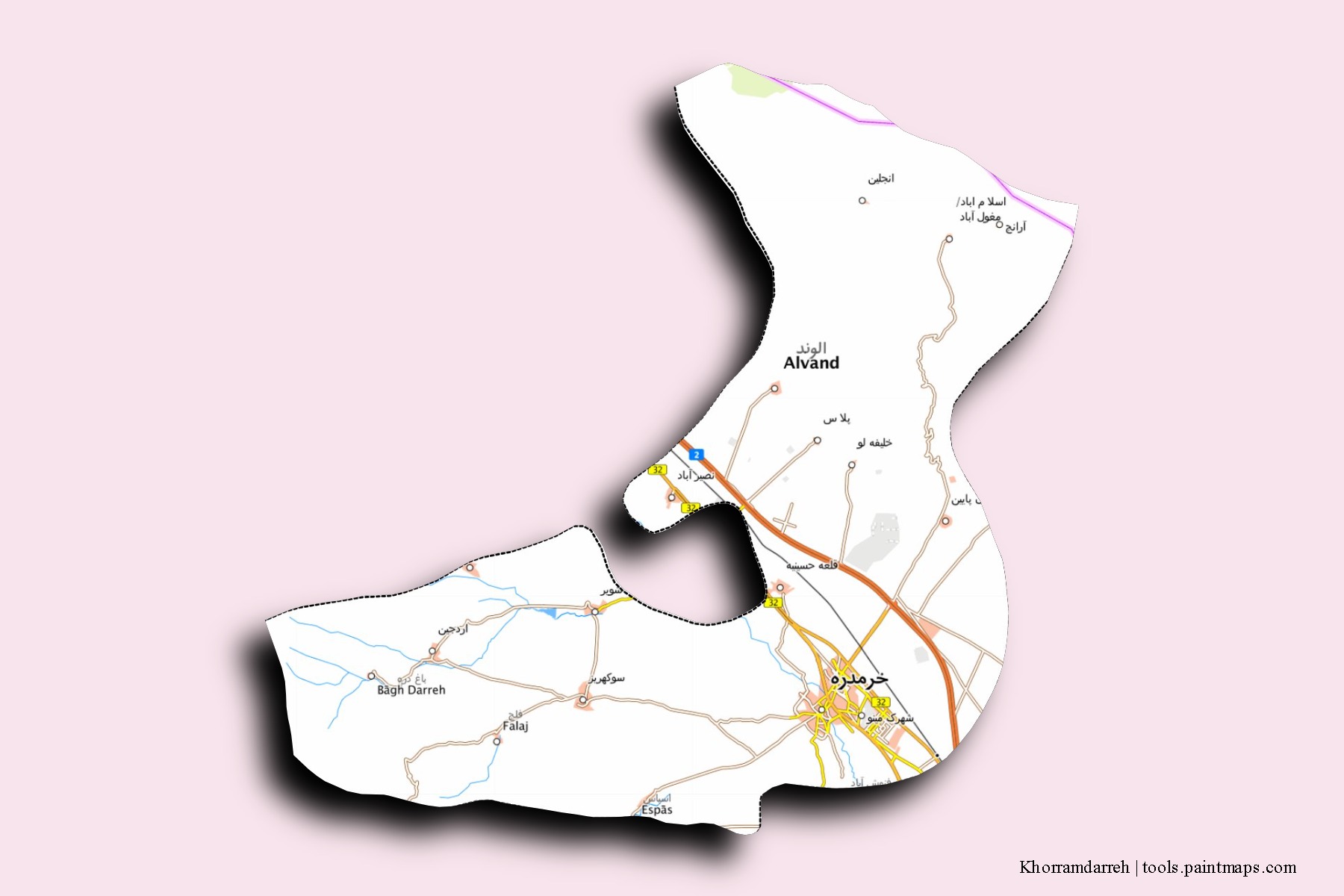 Mapa de barrios y pueblos de Khorramdarreh con efecto de sombra 3D