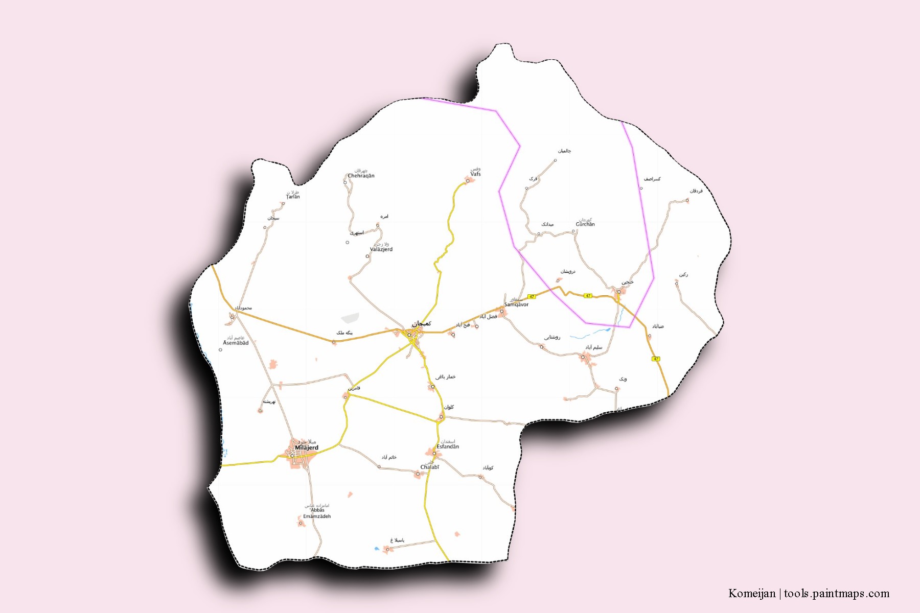 Komeijan neighborhoods and villages map with 3D shadow effect