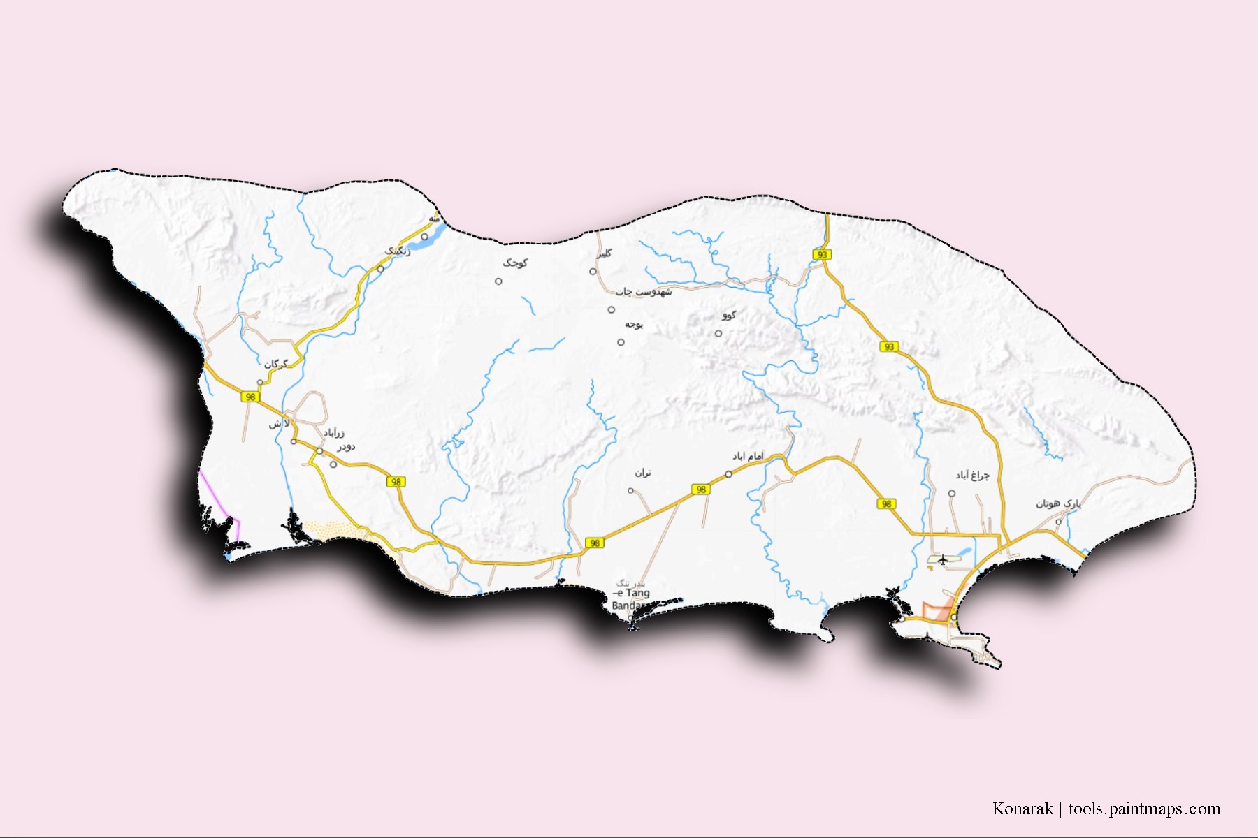 Konarak neighborhoods and villages map with 3D shadow effect