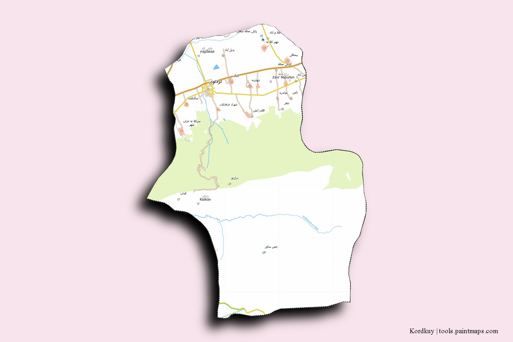 Mapa de barrios y pueblos de Kordkuy con efecto de sombra 3D