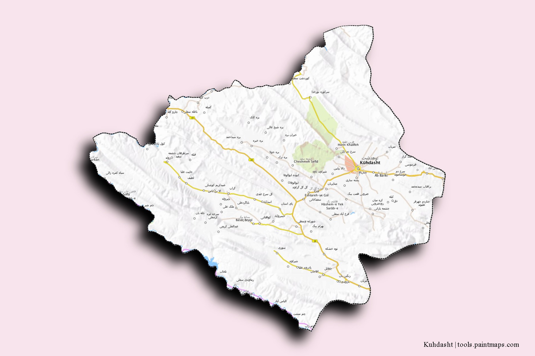 Kuhdasht neighborhoods and villages map with 3D shadow effect