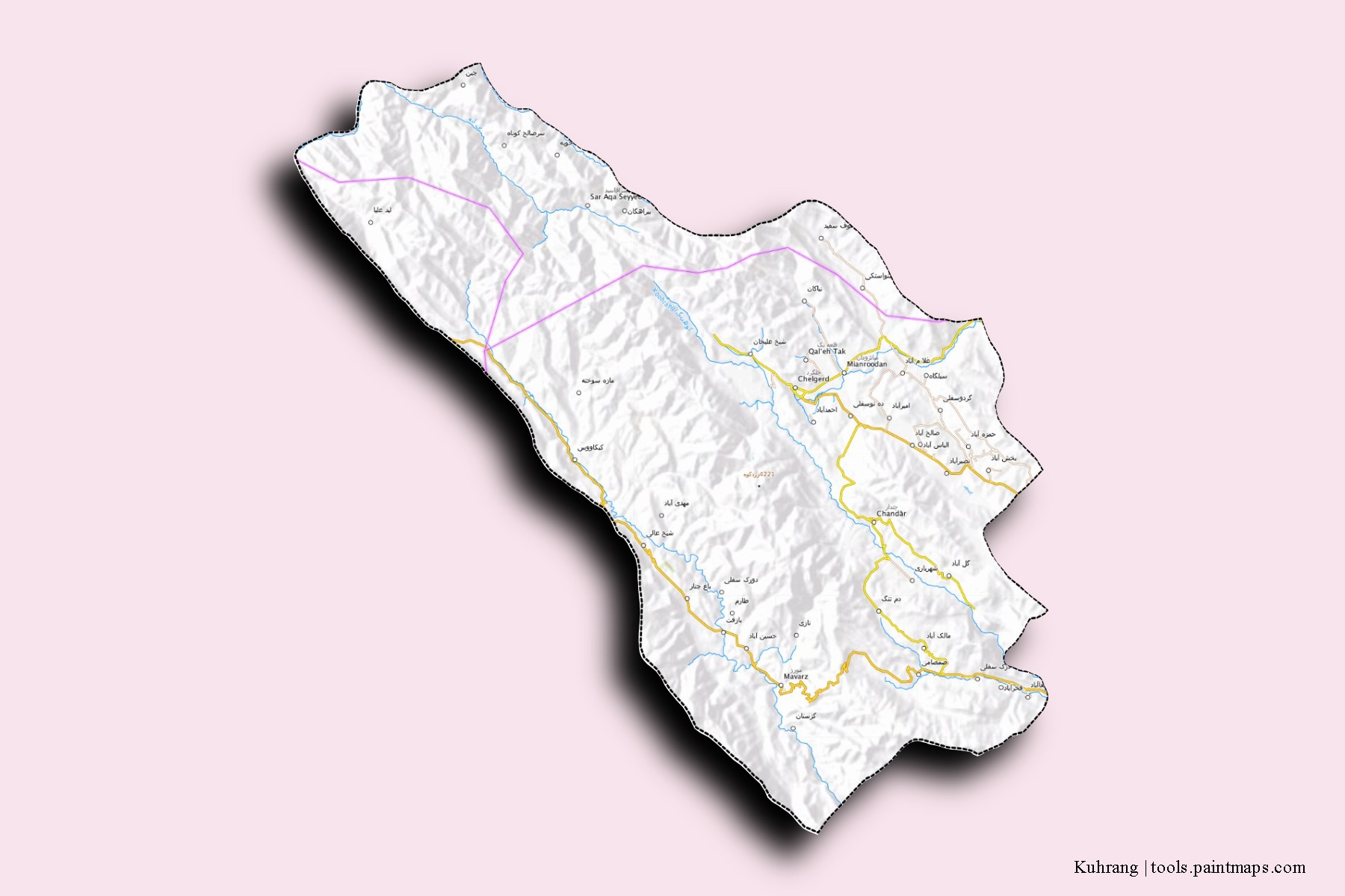 Mapa de barrios y pueblos de Kuhrang con efecto de sombra 3D