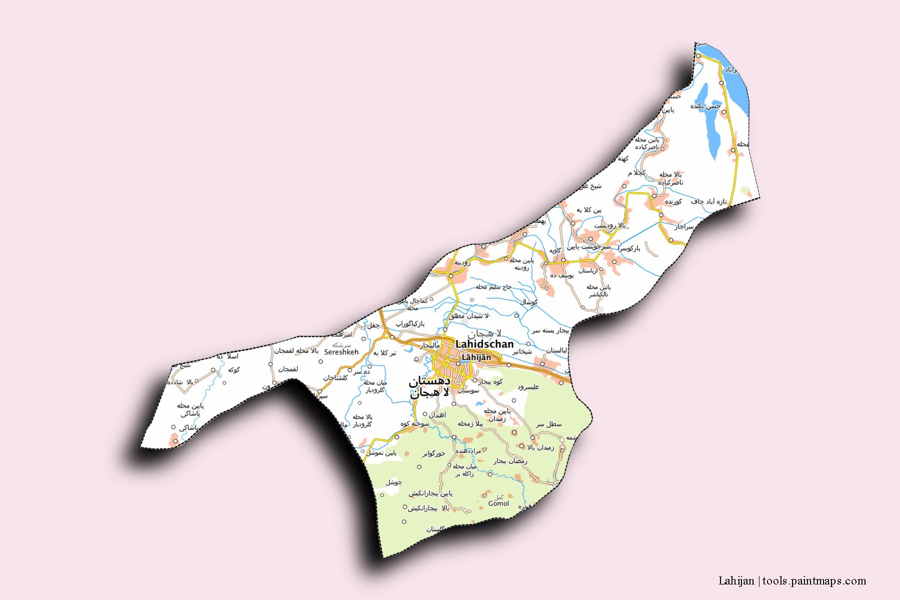 Mapa de barrios y pueblos de Lahijan con efecto de sombra 3D