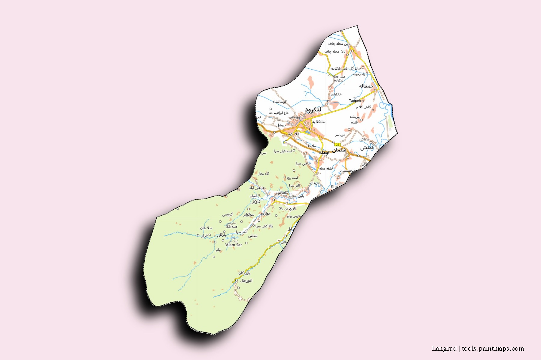 Langrud neighborhoods and villages map with 3D shadow effect