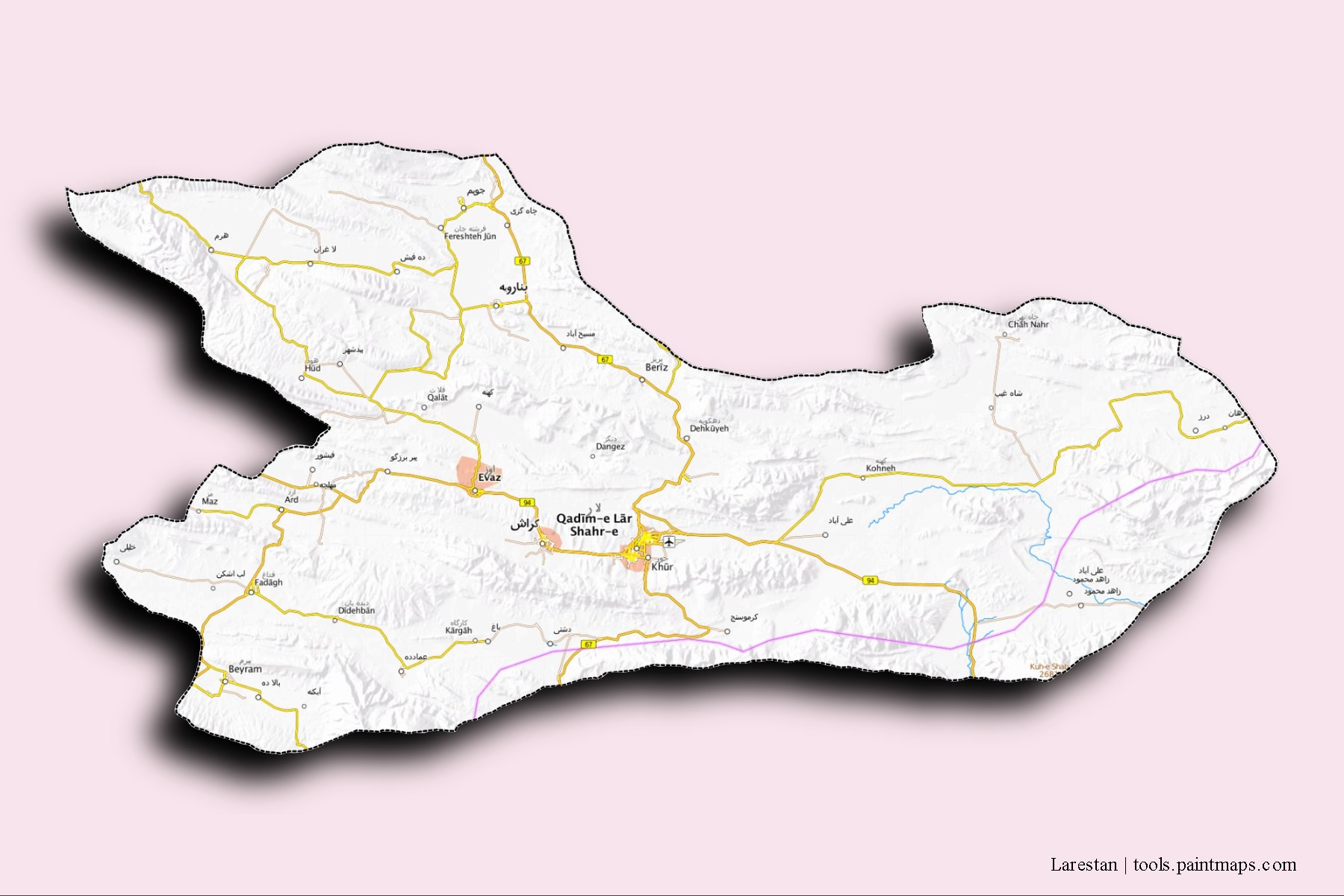 Larestan neighborhoods and villages map with 3D shadow effect