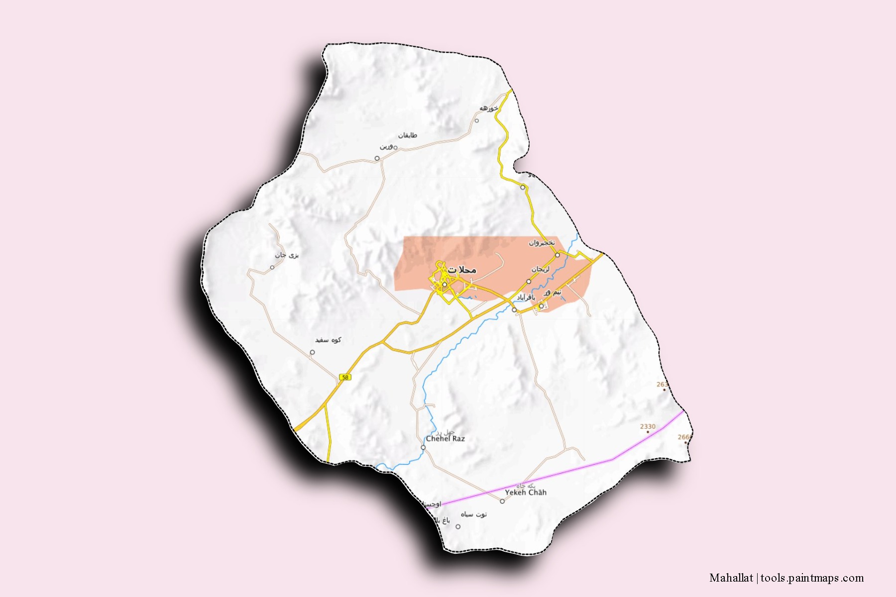 Mapa de barrios y pueblos de Mahallat con efecto de sombra 3D