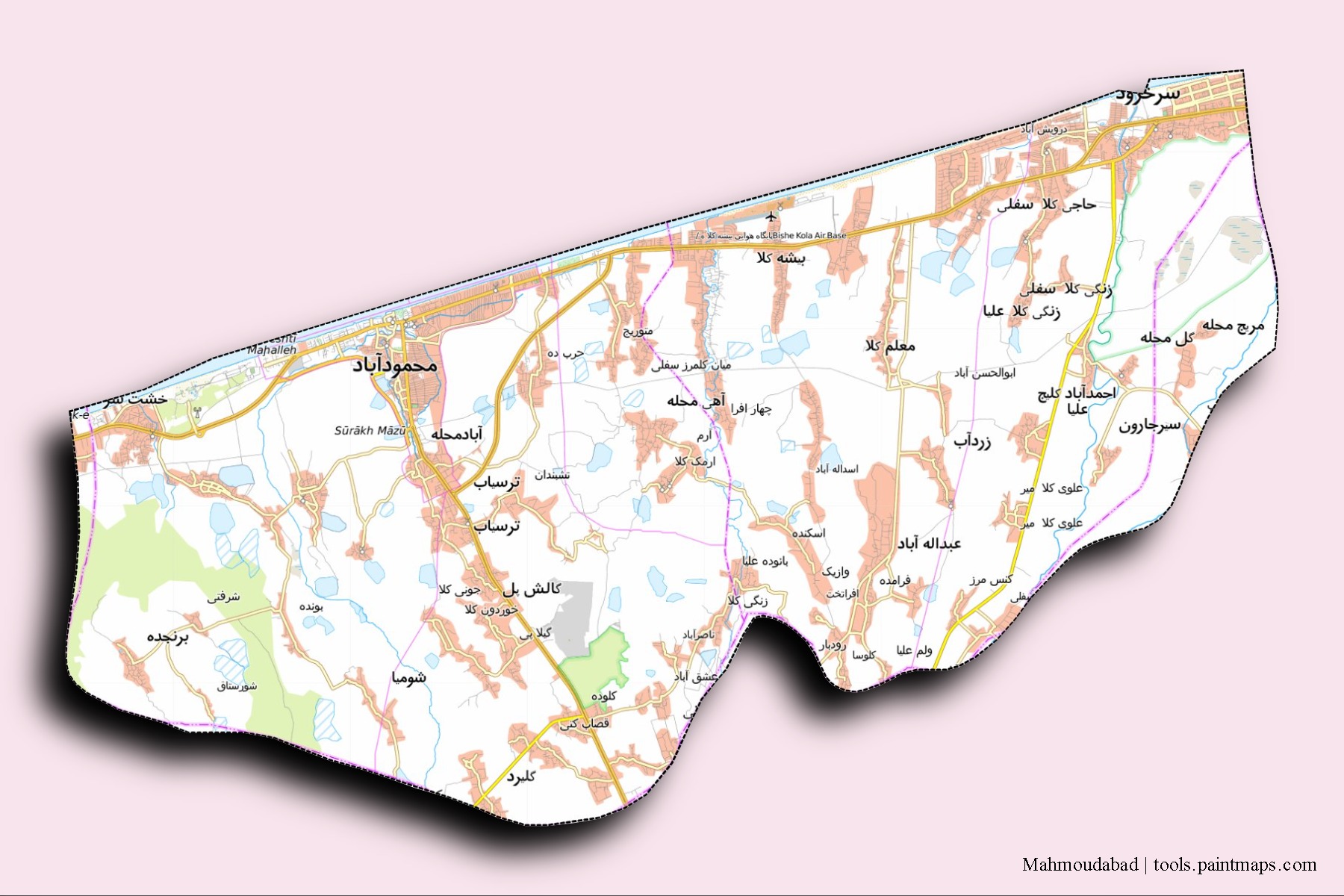 Mapa de barrios y pueblos de Mahmoudabad con efecto de sombra 3D