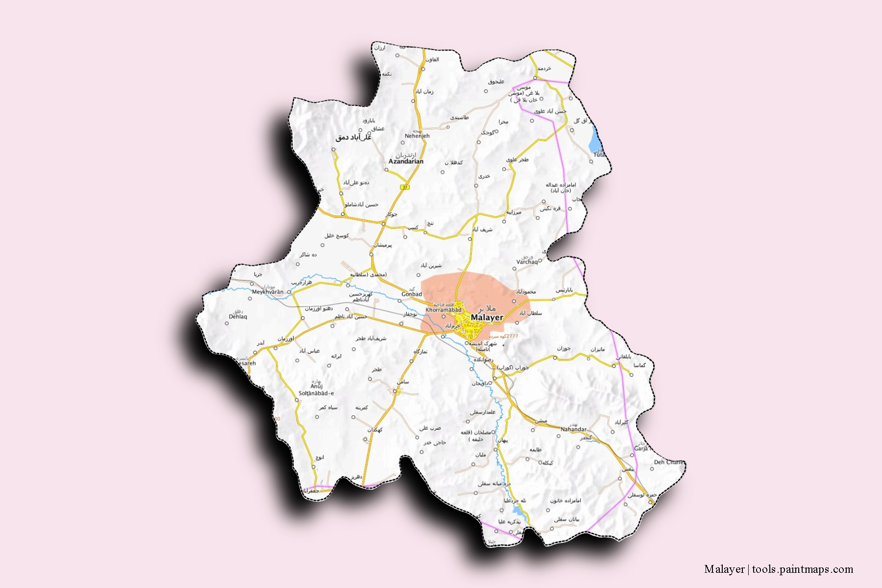 Mapa de barrios y pueblos de Malayer con efecto de sombra 3D