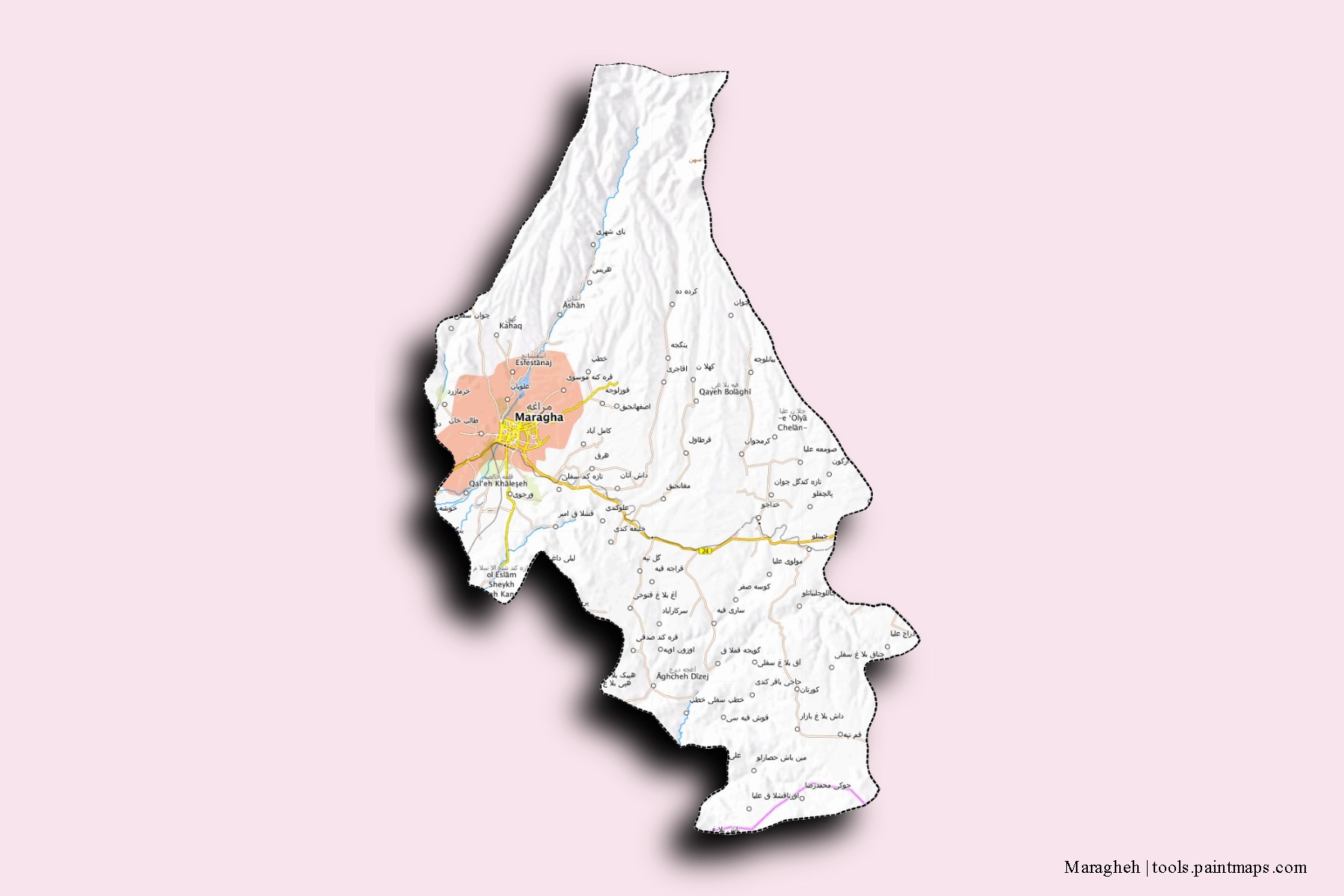 Mapa de barrios y pueblos de Maragheh con efecto de sombra 3D