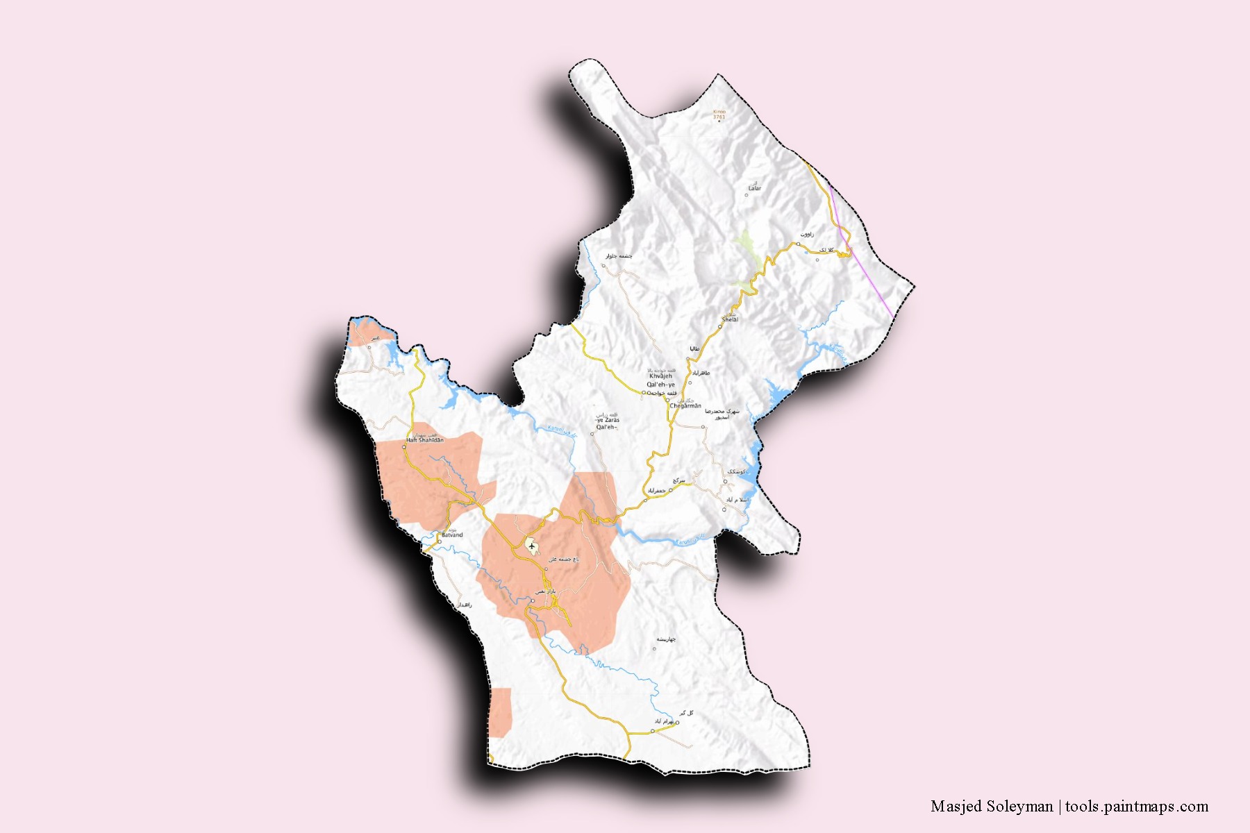 Masjed Soleyman neighborhoods and villages map with 3D shadow effect