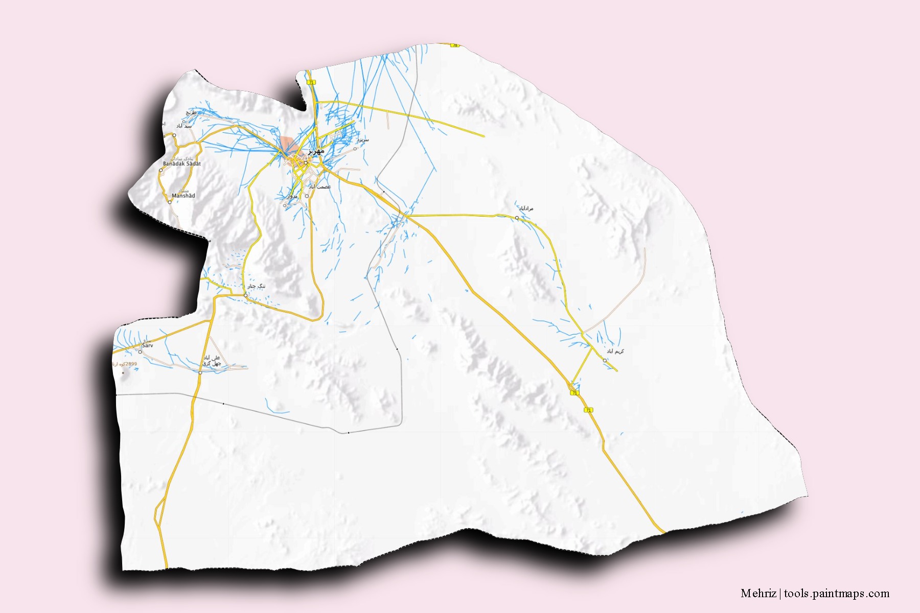 Mehriz neighborhoods and villages map with 3D shadow effect