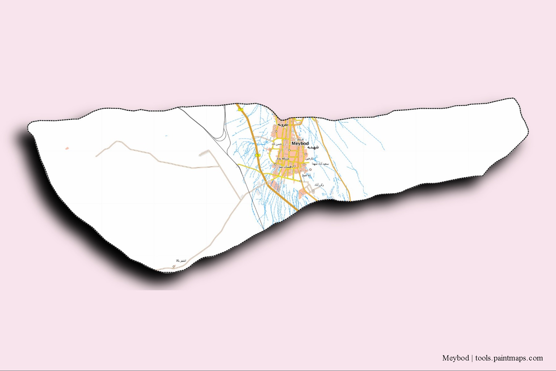 Meybod neighborhoods and villages map with 3D shadow effect