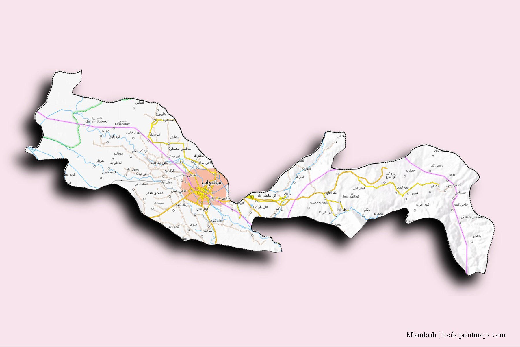 Miyandoab neighborhoods and villages map with 3D shadow effect