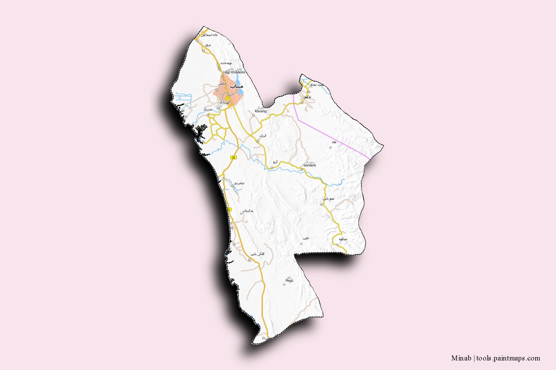3D gölge efektli Minab mahalleleri ve köyleri haritası