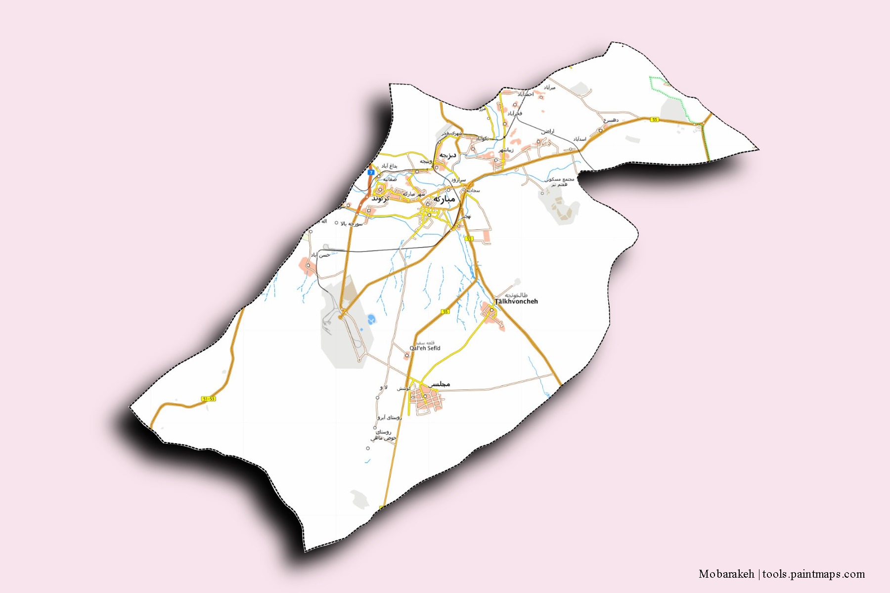 Mobarakeh neighborhoods and villages map with 3D shadow effect