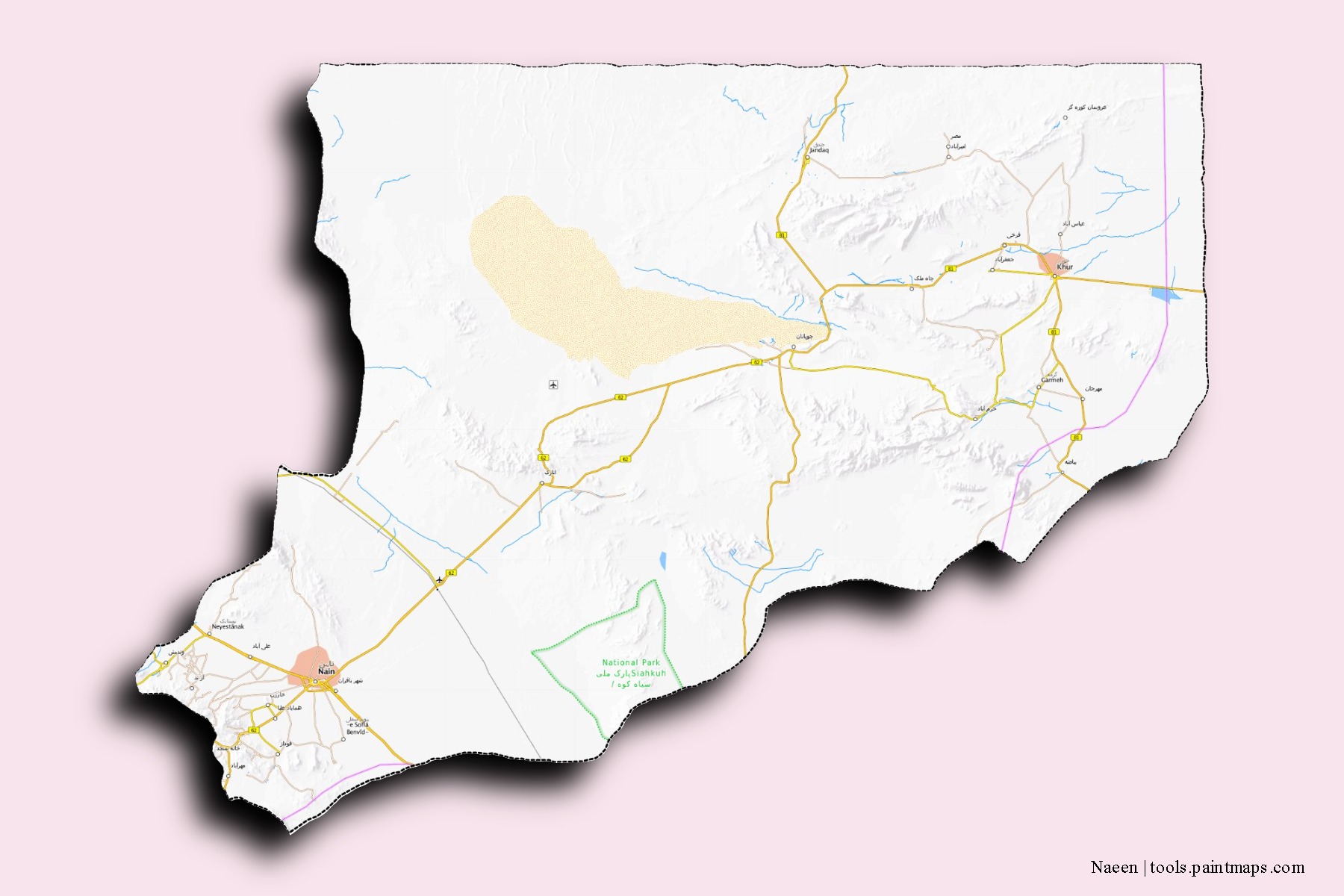 Nayin neighborhoods and villages map with 3D shadow effect