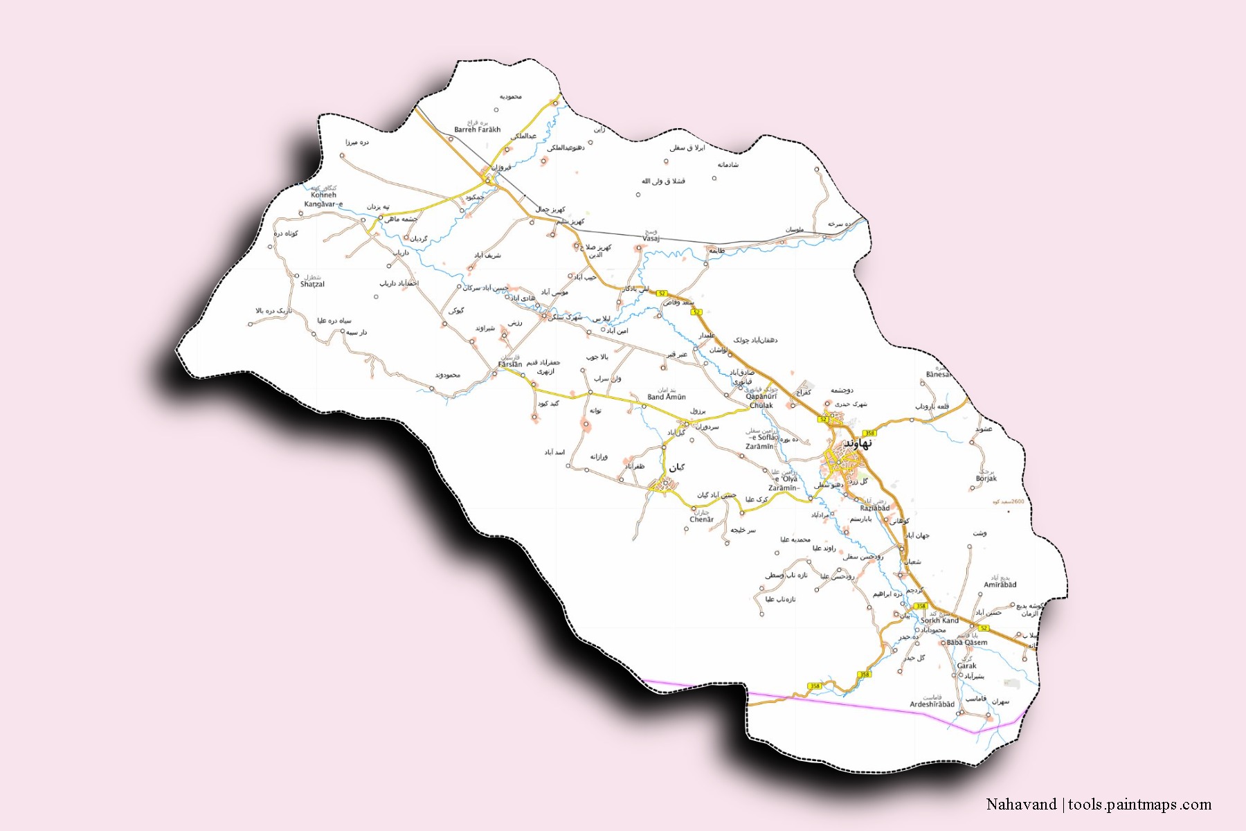 Nahavand neighborhoods and villages map with 3D shadow effect