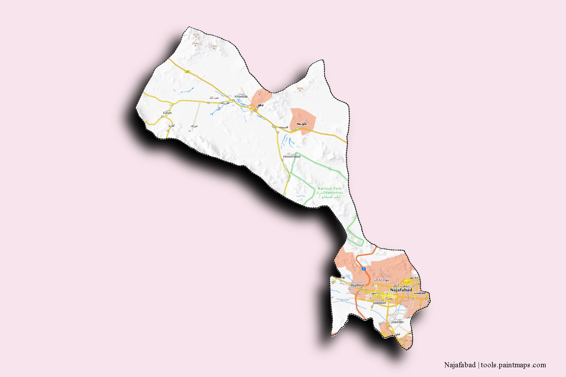 Najafabad neighborhoods and villages map with 3D shadow effect