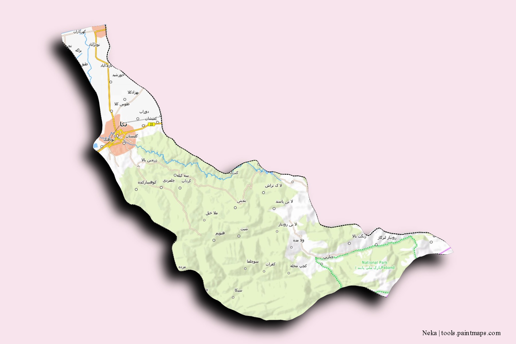 Mapa de barrios y pueblos de Neka con efecto de sombra 3D