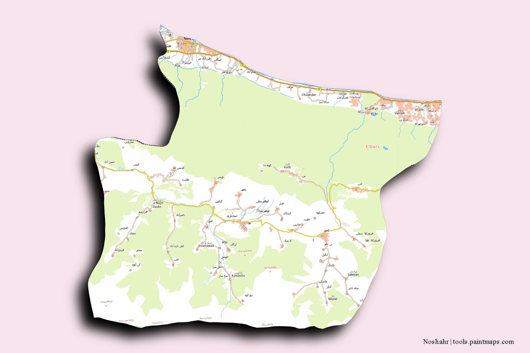 Mapa de barrios y pueblos de Noshahr con efecto de sombra 3D