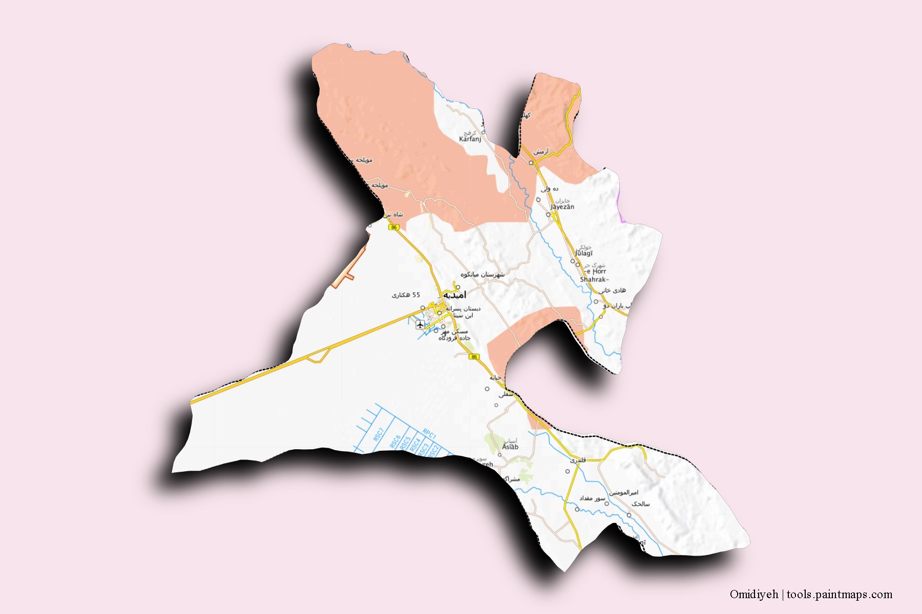 Mapa de barrios y pueblos de Omidiyeh con efecto de sombra 3D