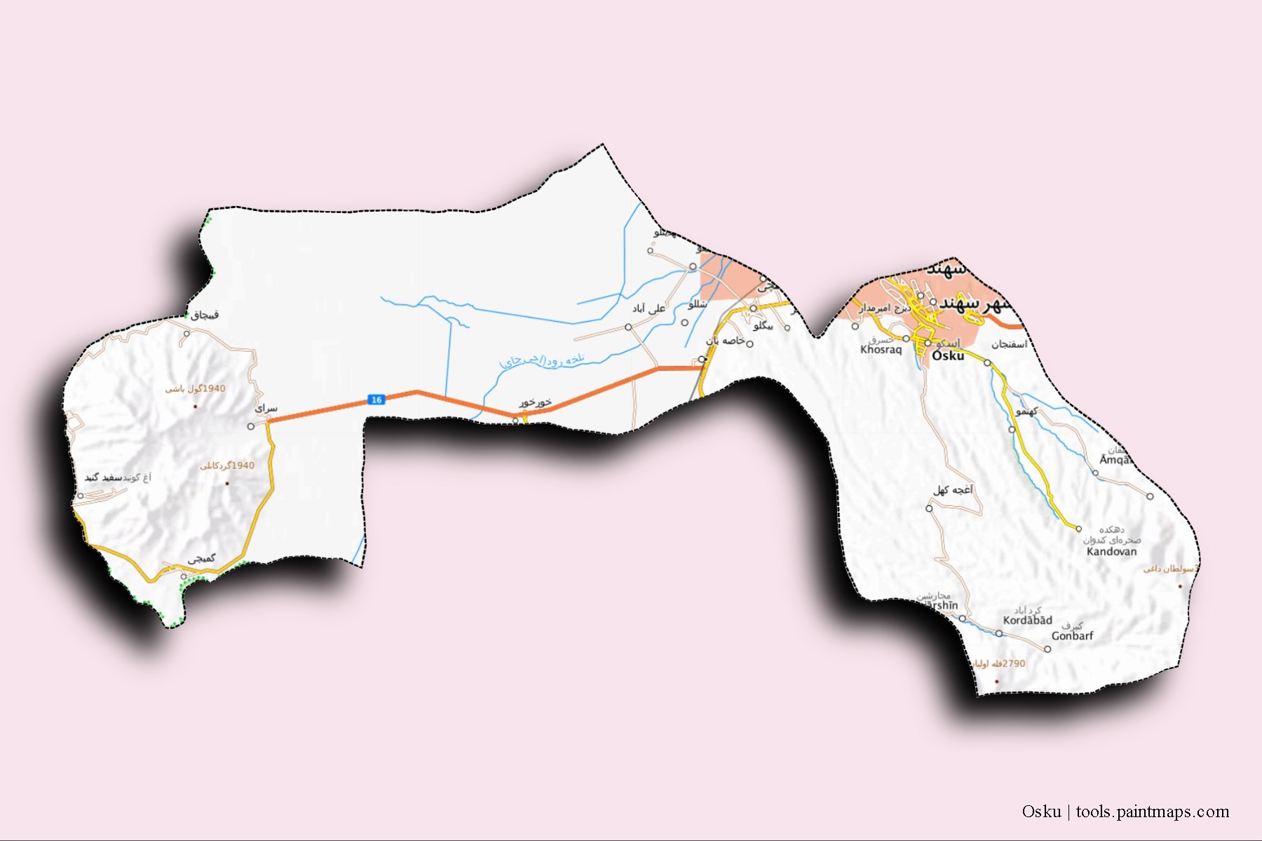 3D gölge efektli Osku şehristanı mahalleleri ve köyleri haritası